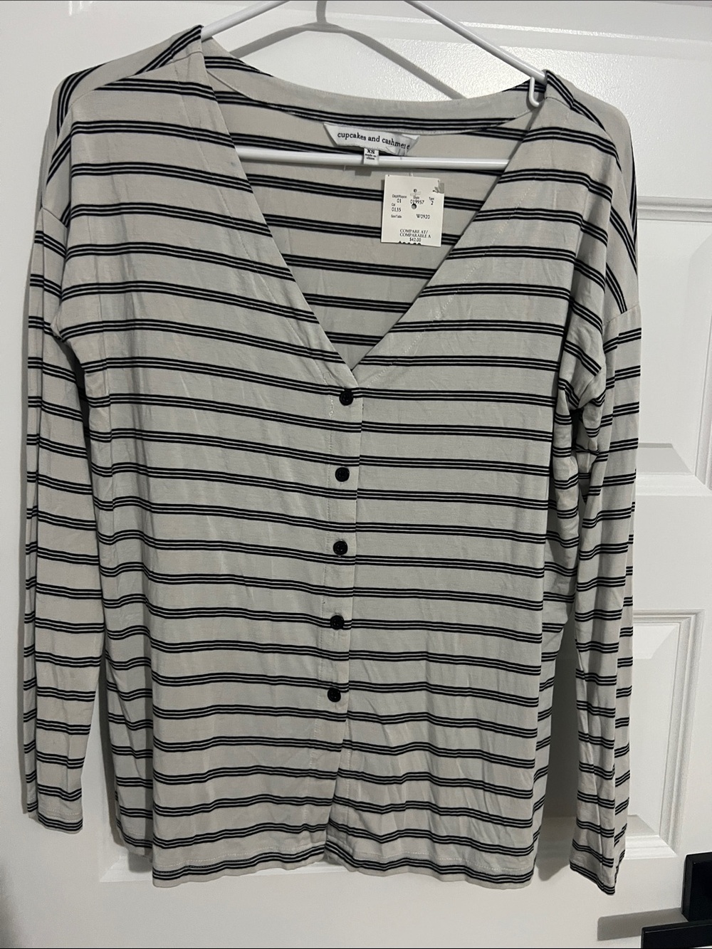 cupcakes & cashmere Striped Button-Front Long Sleeve Top - Black and White